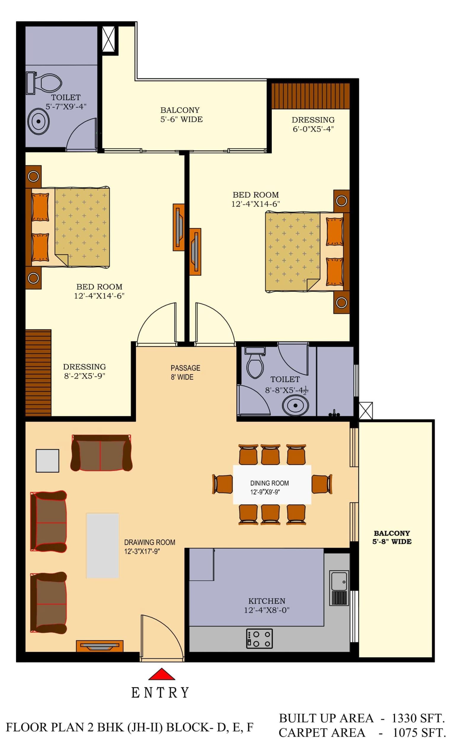 Jalandhar Heights II floor plan: 2 BHK – 1,330 sq ft, Blocks D, E, F