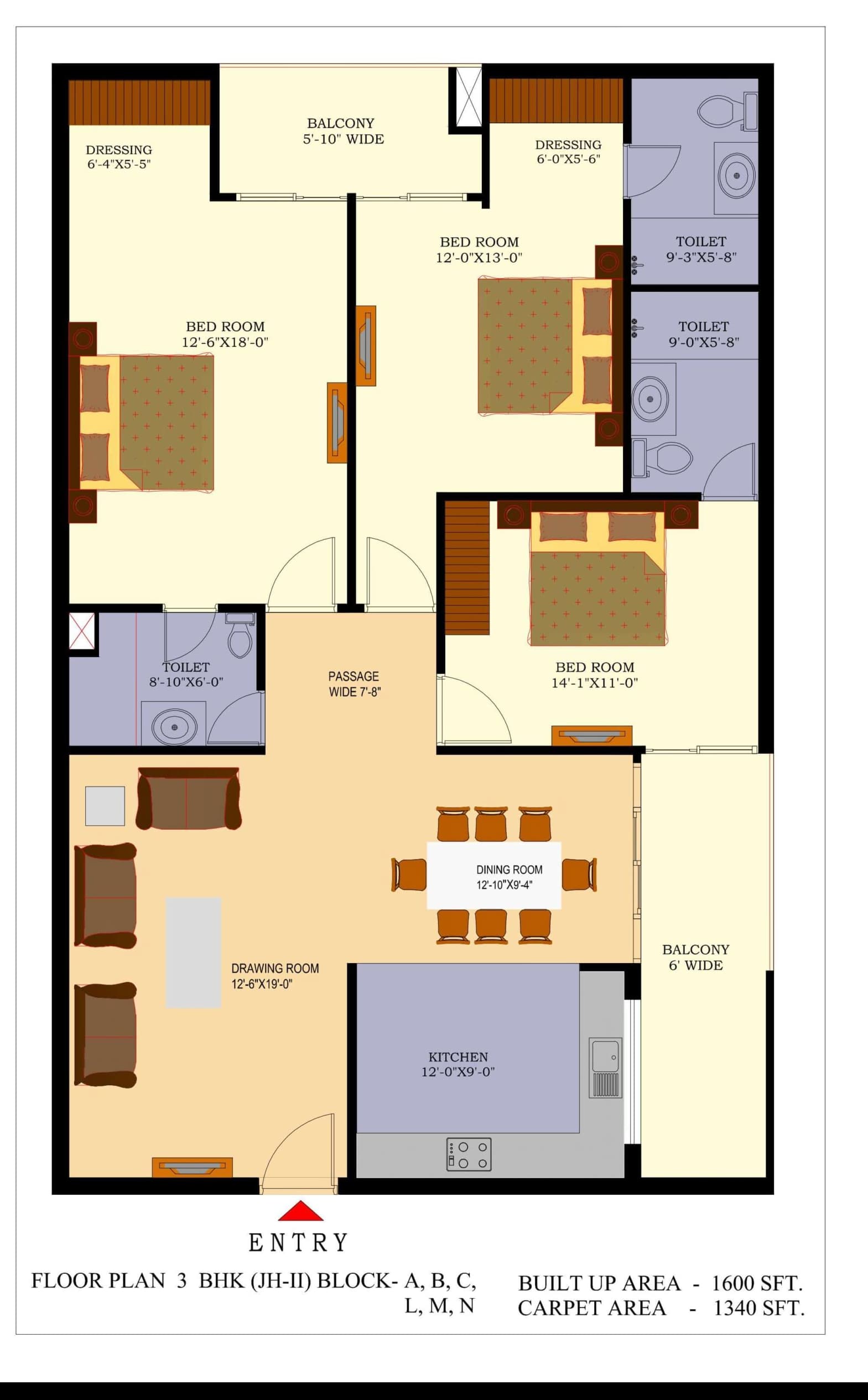 Jalandhar Heights II floor plan: 3 BHK – 1,600 sq ft, Blocks A, B, C, L, M, N