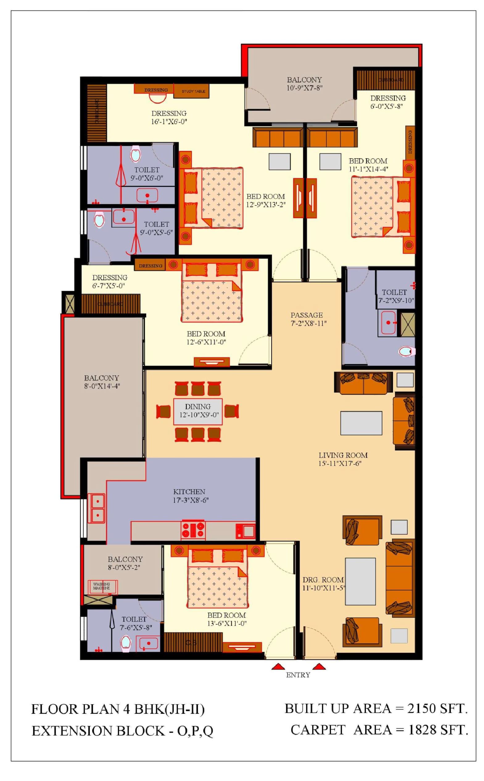 Jalandhar Heights II floor plan: 4 BHK – 2,150 sq ft, Blocks O, P, Q