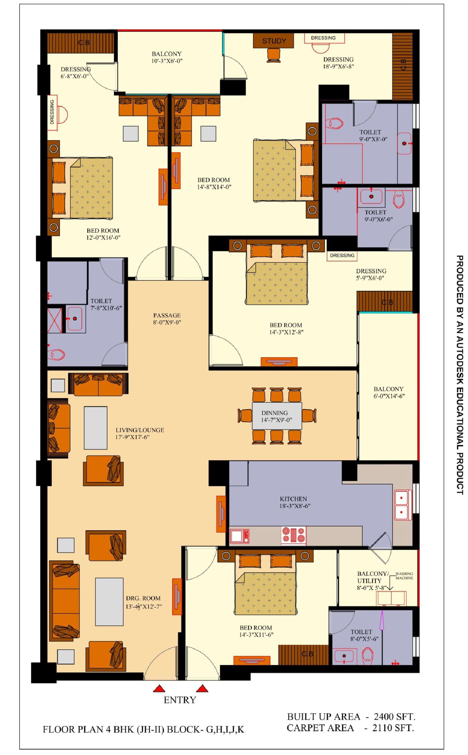Jalandhar Heights II floor plan: 4 BHK – 2,400 sq ft, Blocks G, H, I, J, K