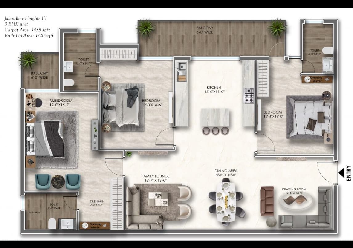 Jalandhar Heights III floor plan: 3 BHK – 1,720 sq ft, Blocks A, B, C, D