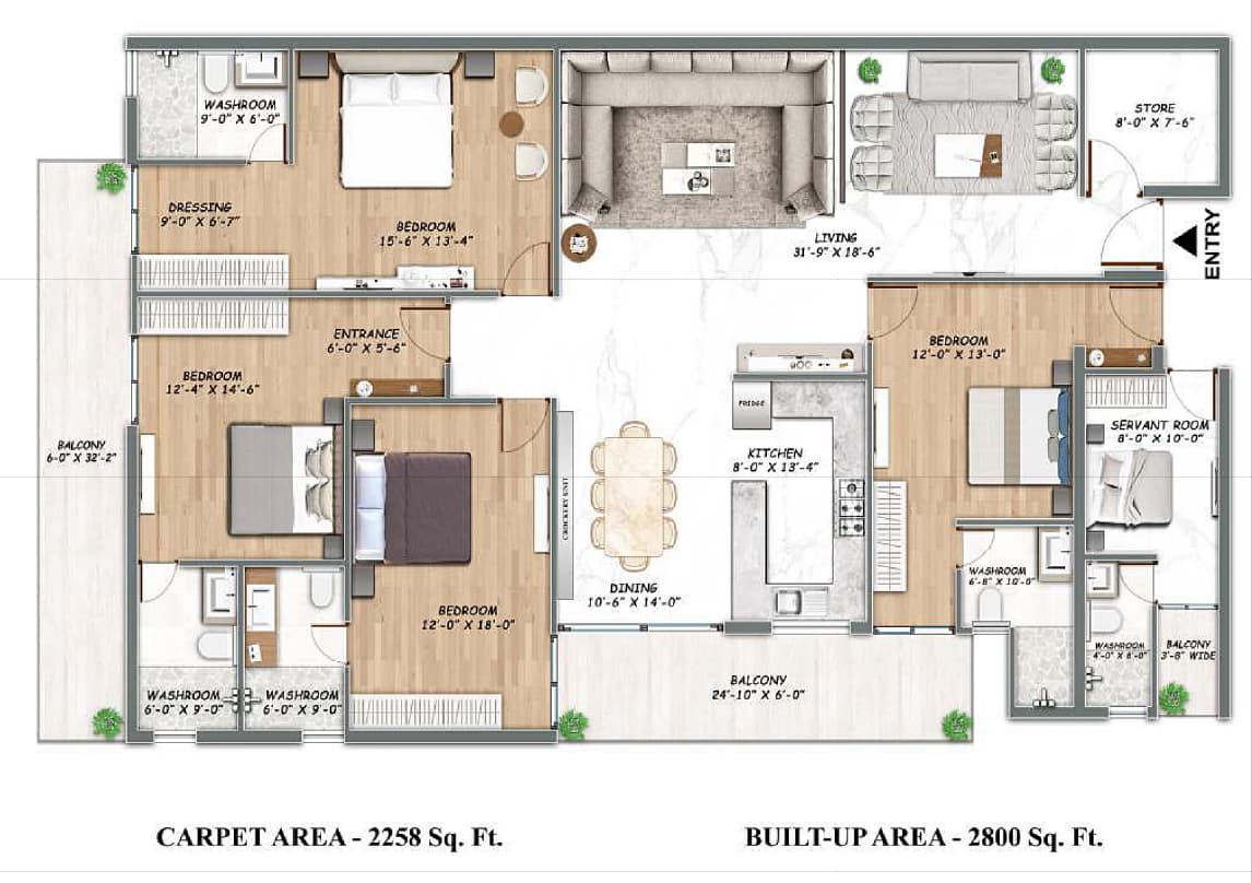 Jalandhar Heights III floor plan: 4 BHK – 2,800 sq ft, Blocks F, H
