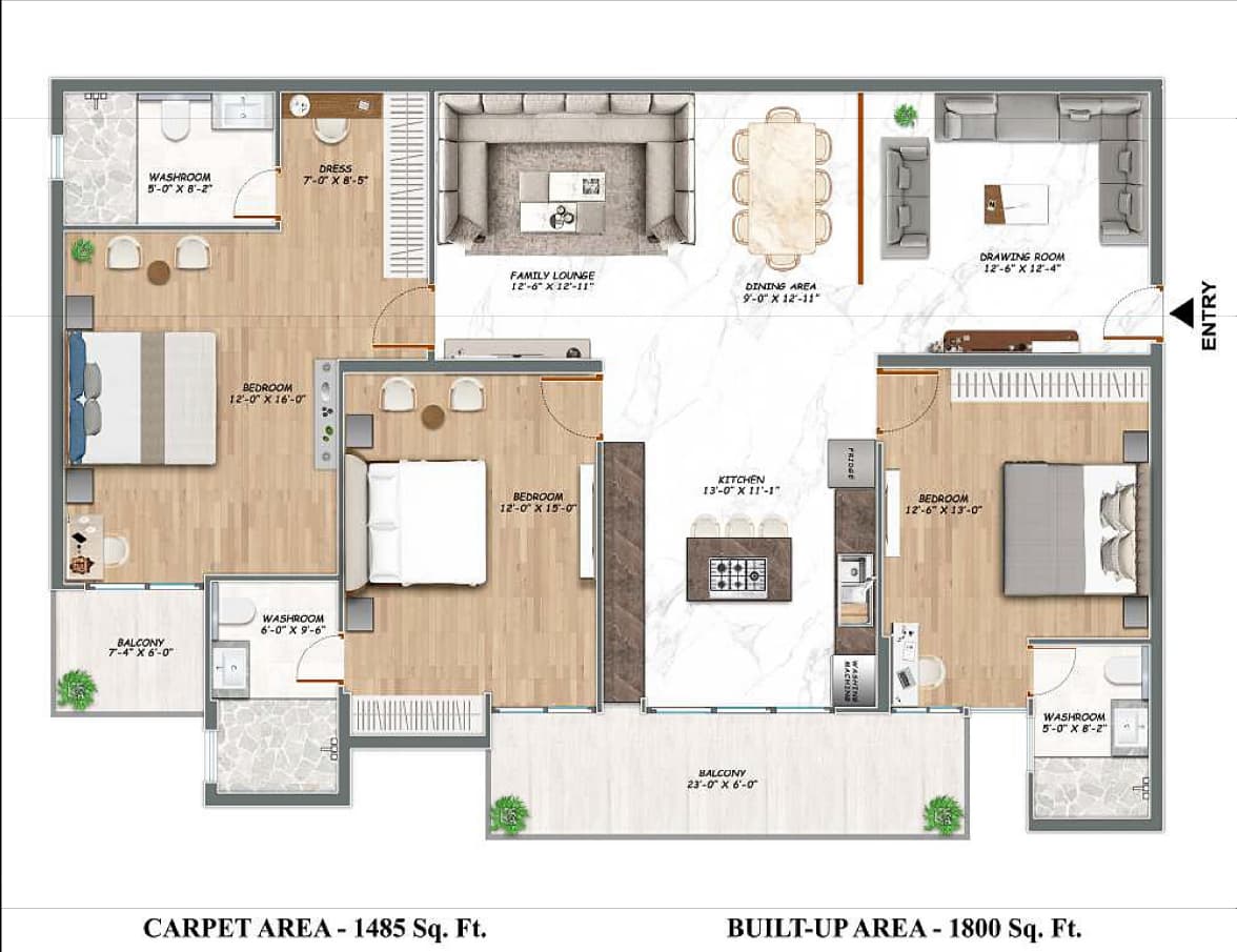 Jalandhar Heights IV floor plan: 3 BHK – 1,800 sq ft, Blocks I, J, K, L