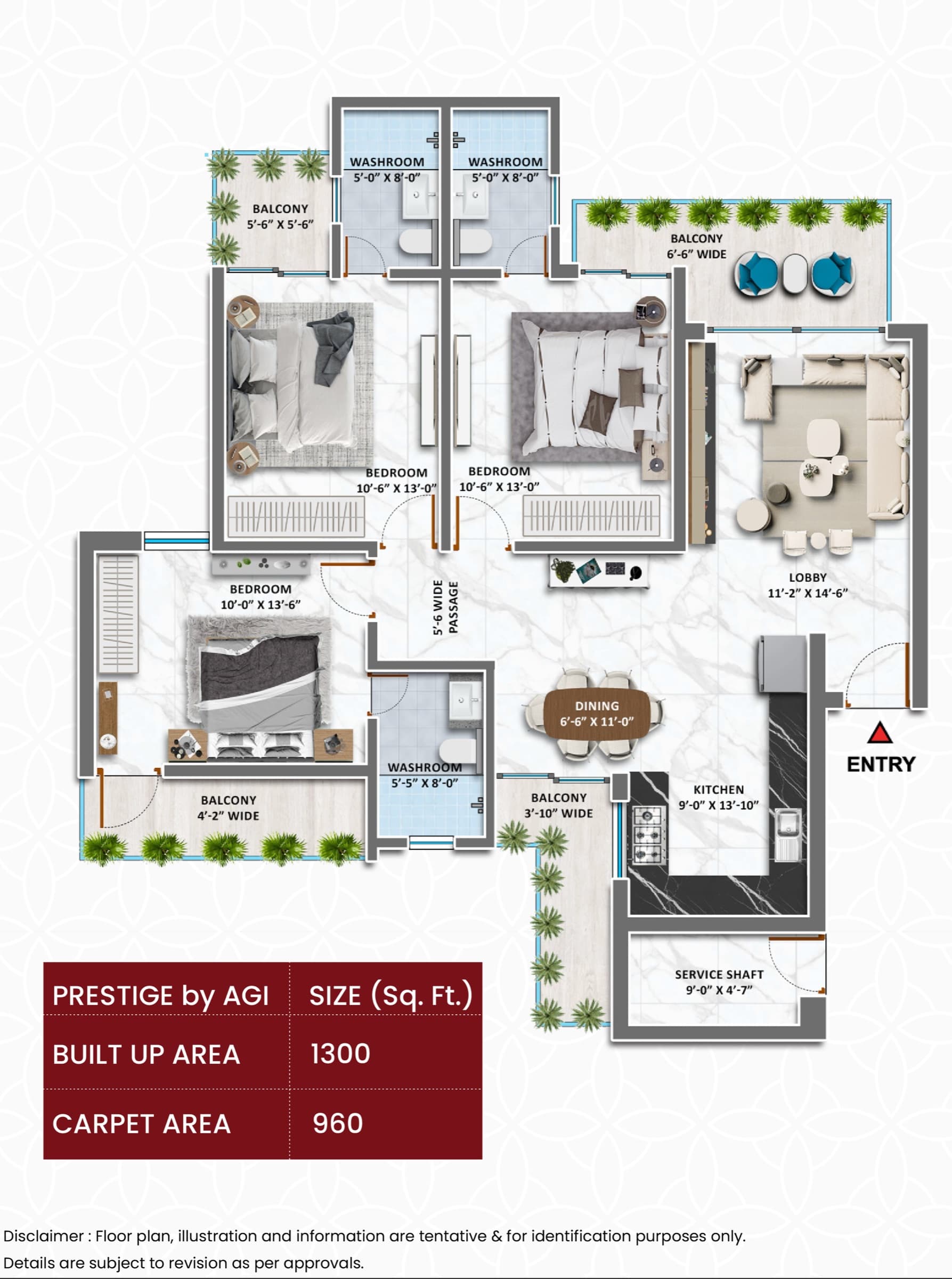 Prestige by AGI floor plan: 3 BHK – 1,300 sq ft (carpet area 960 sq ft)