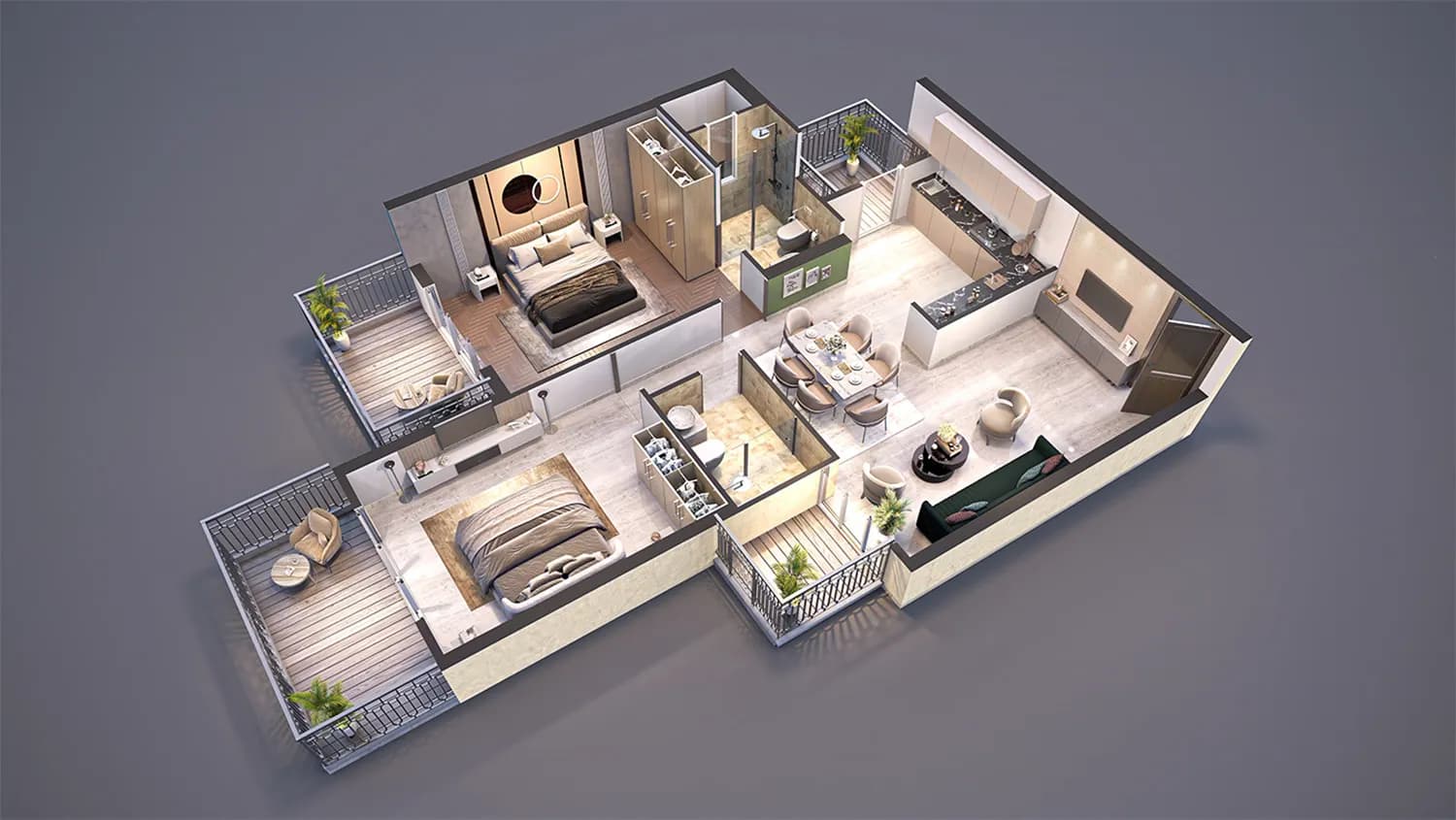 3D layout of a 2 BHK apartment at Mexmon Dreams