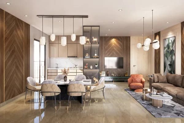 Living and dining room in a Mexmon Dreams sample apartment (render)
