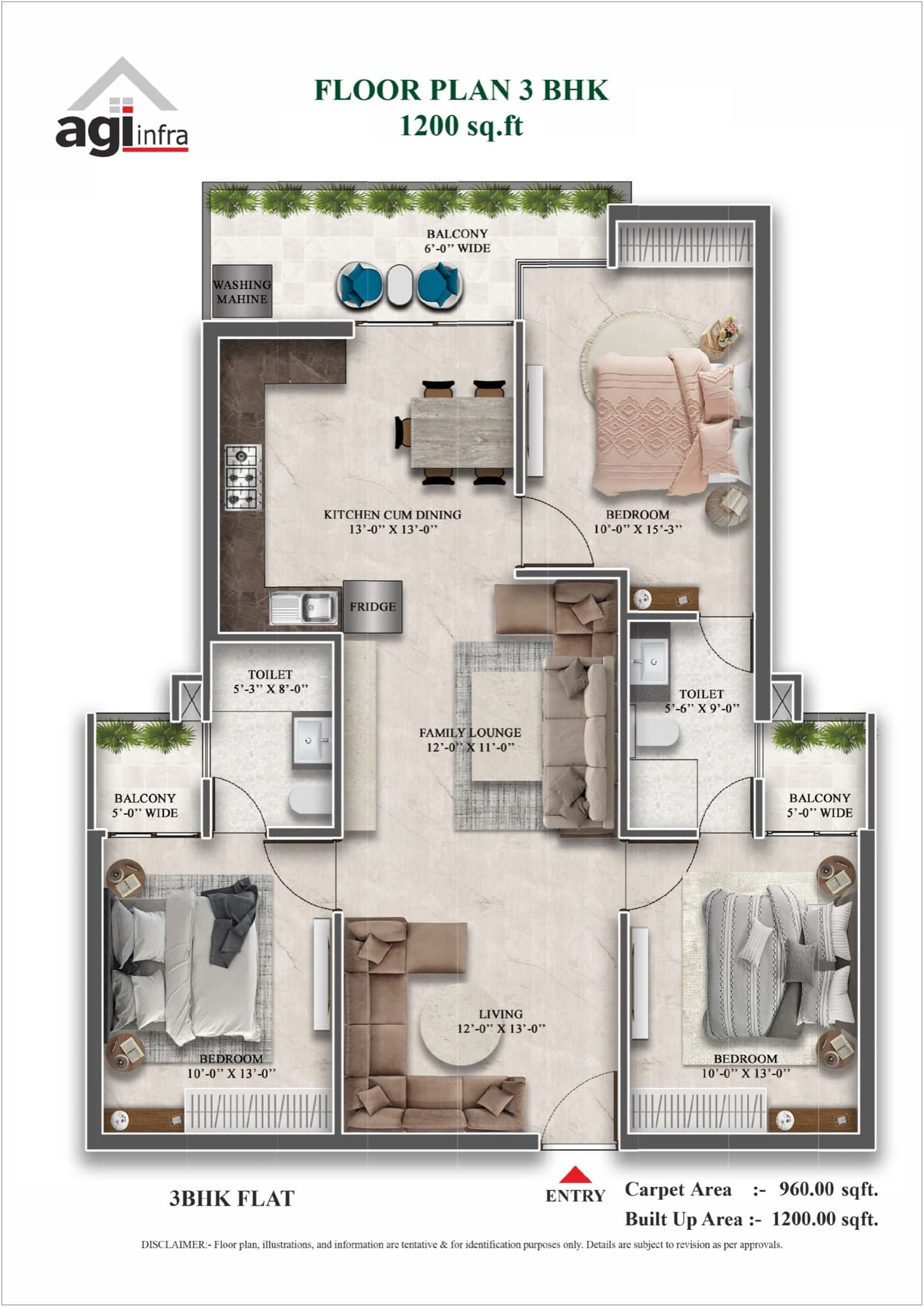 AGI Sky Garden floor plan: 3 BHK – 1,200 sq ft