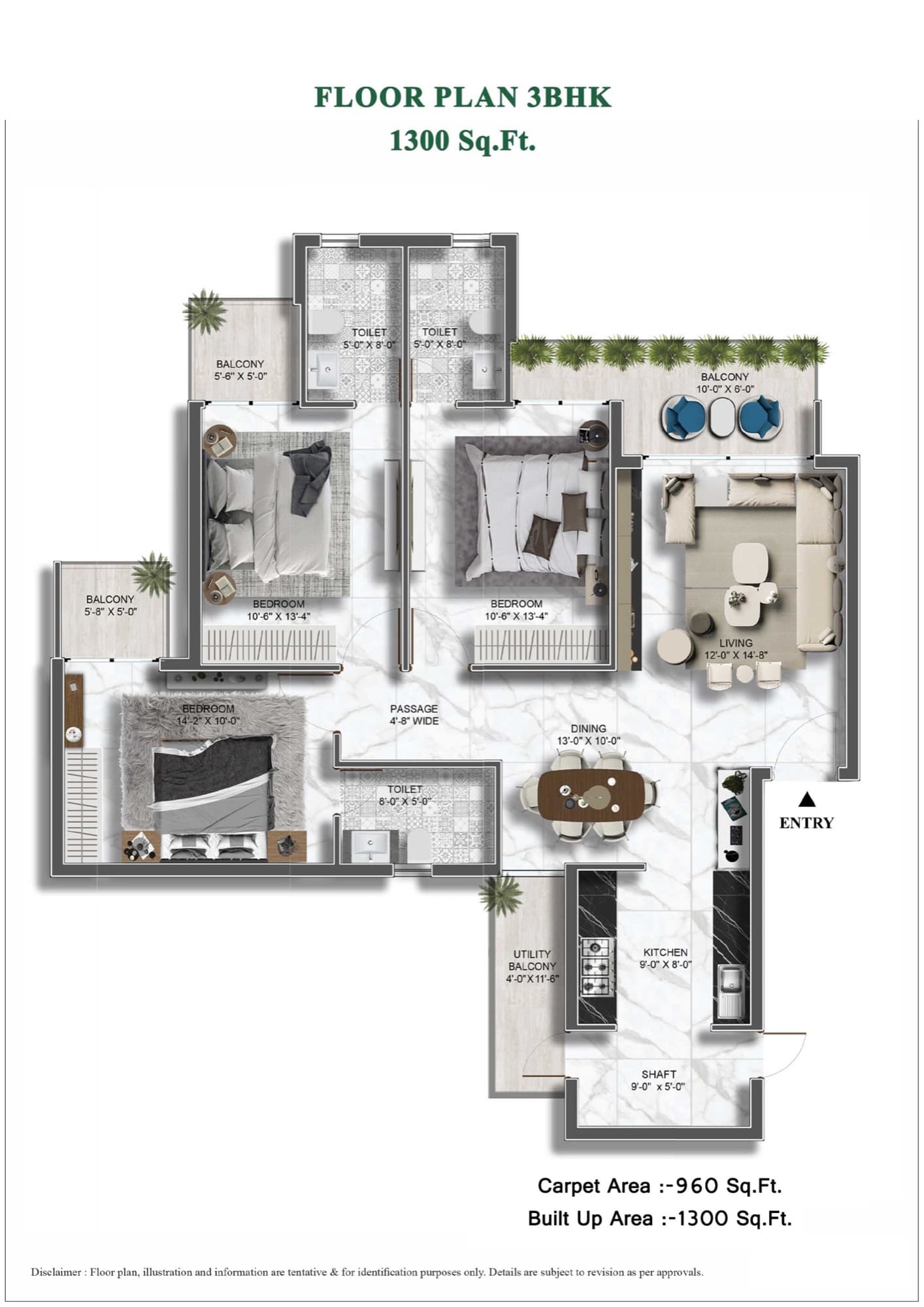 AGI Sky Garden floor plan: 3 BHK – 1,300 sq ft